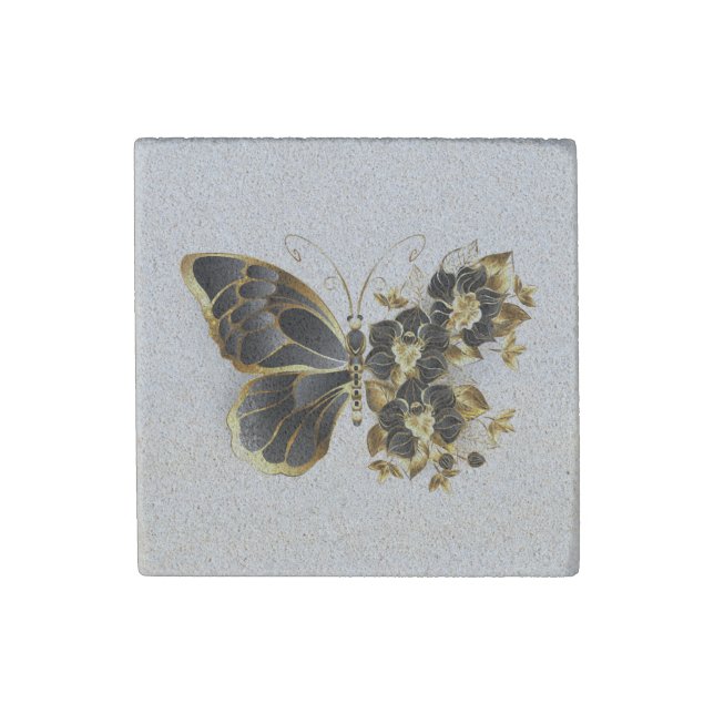 Gold Flower Butterfly with Black Orchid Stone Magnet (Front)