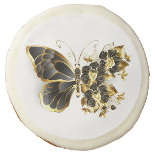 Gold Flower Butterfly with Black Orchid Sugar Cookie
