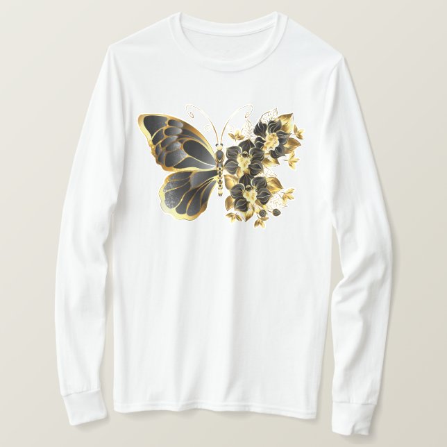 Gold Flower Butterfly with Black Orchid T-Shirt (Design Front)