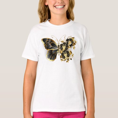 Gold Flower Butterfly with Black Orchid T_Shirt