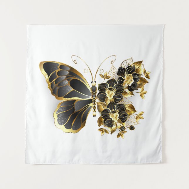 Gold Flower Butterfly with Black Orchid Tapestry (Front)