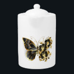 Gold Flower Butterfly with Black Orchid Teapot<br><div class="desc">Gold flower butterfly with black jewelry orchid,  decorated with gold leaves on white background.</div>