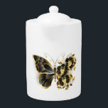 Gold Flower Butterfly with Black Orchid Teapot<br><div class="desc">Gold flower butterfly with black jewelry orchid,  decorated with gold leaves on white background.</div>