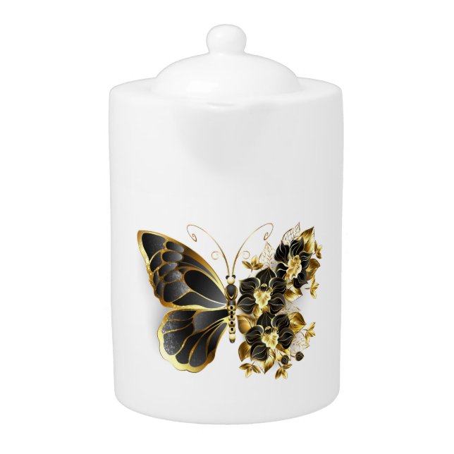 Gold Flower Butterfly with Black Orchid Teapot (Front)