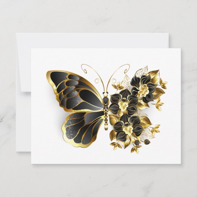 Gold Flower Butterfly with Black Orchid Thank You Card (Front)