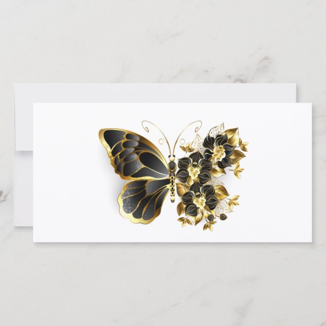 Gold Flower Butterfly with Black Orchid Thank You Card (Front)