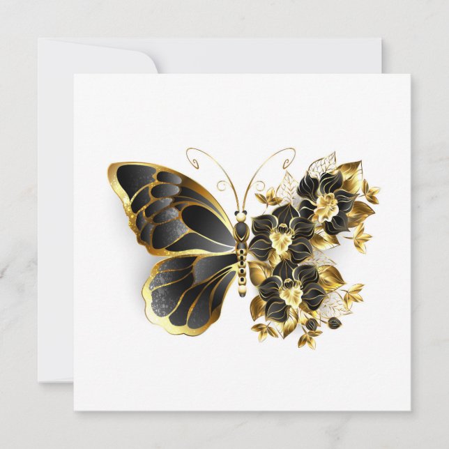 Gold Flower Butterfly with Black Orchid Thank You Card (Front)