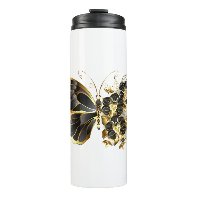 Gold Flower Butterfly with Black Orchid Thermal Tumbler (Front)