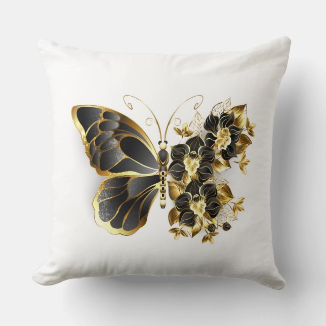Gold Flower Butterfly with Black Orchid Throw Pillow (Front)