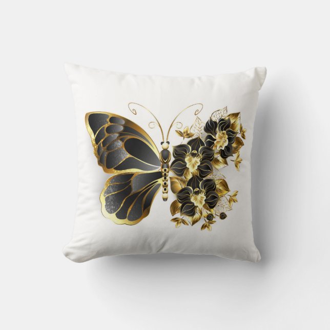 Gold Flower Butterfly with Black Orchid Throw Pillow (Front)
