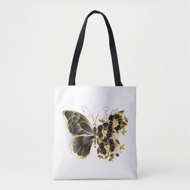 Gold Flower Butterfly with Black Orchid Tote Bag (Front)