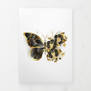 Gold Flower Butterfly with Black Orchid Tri-Fold Card