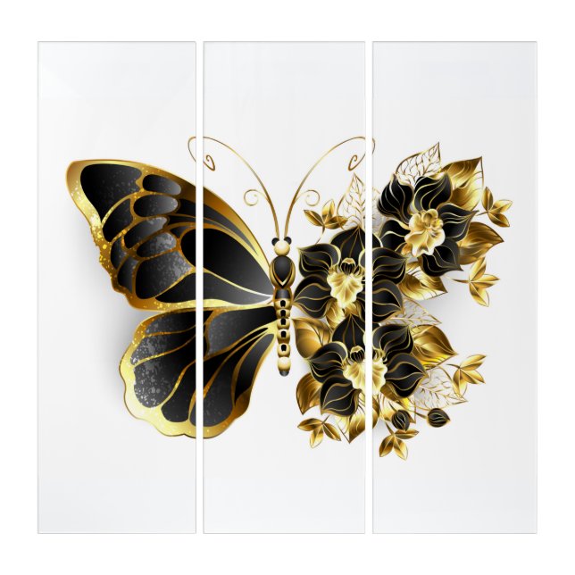 Gold Flower Butterfly with Black Orchid Triptych (Front)