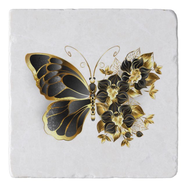 Gold Flower Butterfly with Black Orchid Trivet (Front)