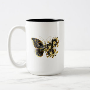 Gold Flower Butterfly with Black Orchid Two-Tone Coffee Mug