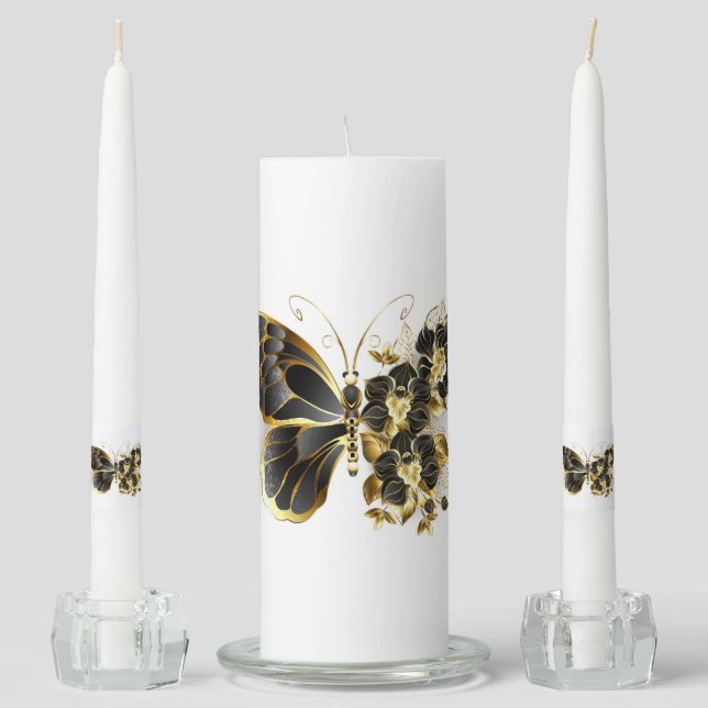 Gold Flower Butterfly with Black Orchid Unity Candle Set (Front)