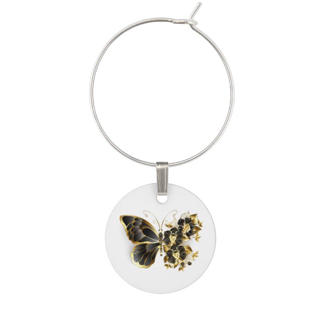 Gold Flower Butterfly with Black Orchid Wine Charm (Front)