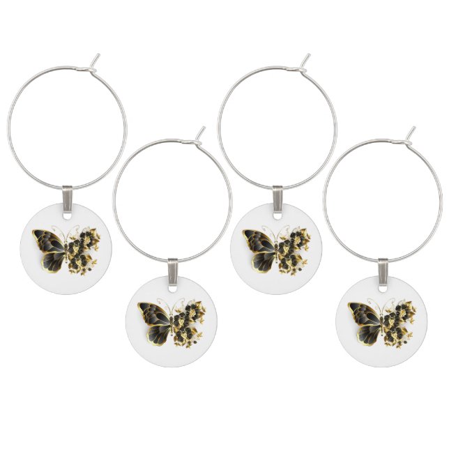 Gold Flower Butterfly with Black Orchid Wine Charm (Staggered)