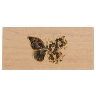 Gold Flower Butterfly with Black Orchid Wood Flash Drive