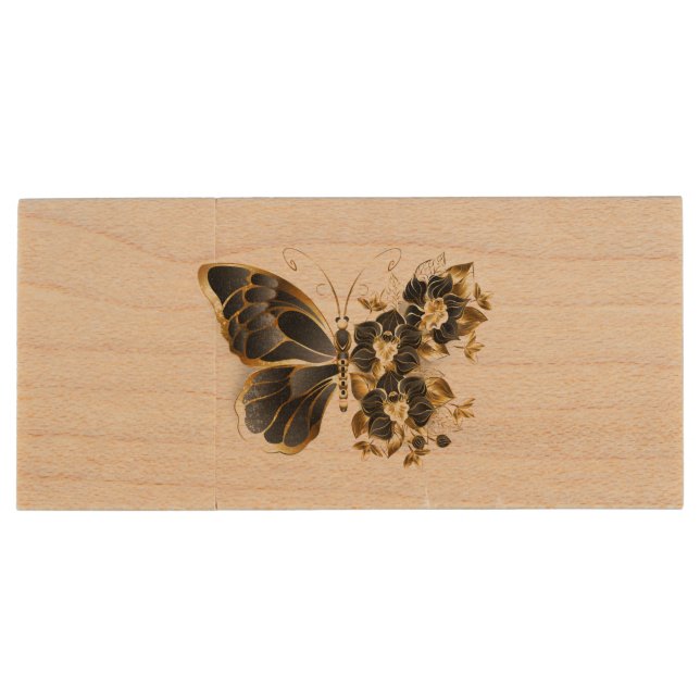 Gold Flower Butterfly with Black Orchid Wood Flash Drive (Back)