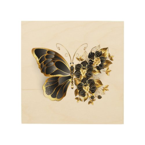 Gold Flower Butterfly with Black Orchid Wood Wall Art