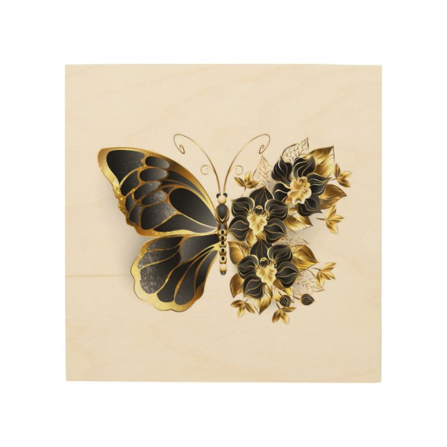 Gold Flower Butterfly with Black Orchid Wood Wall Art (Front)