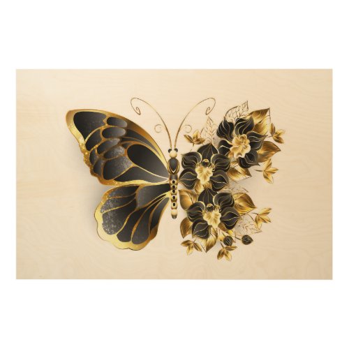 Gold Flower Butterfly with Black Orchid Wood Wall Art