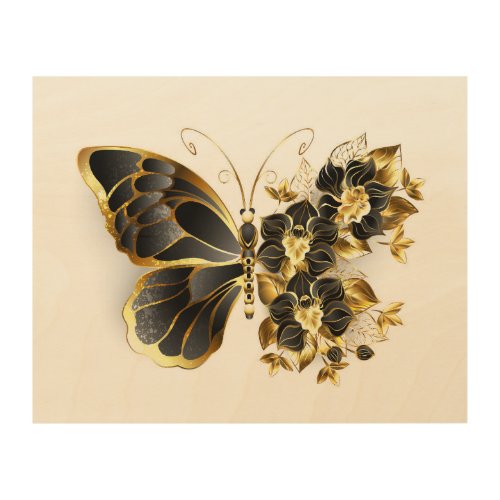 Gold Flower Butterfly with Black Orchid Wood Wall Art