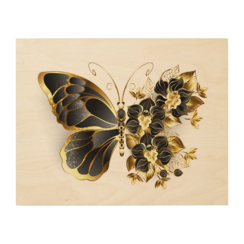 Gold Flower Butterfly with Black Orchid Wood Wall Art