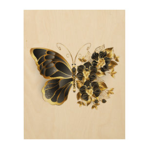 Gold Flower Butterfly with Black Orchid Wood Wall Art