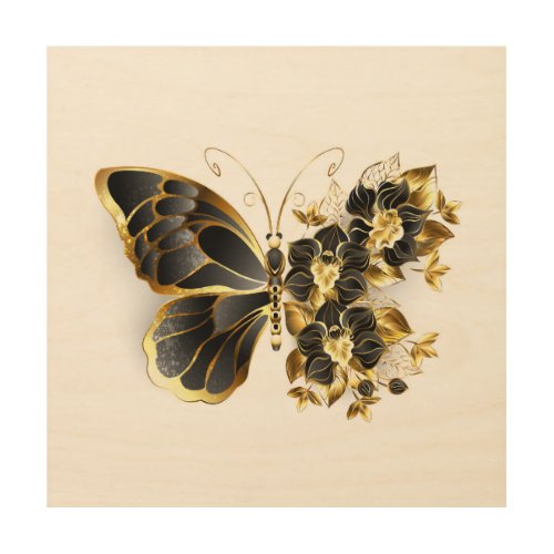 Gold Flower Butterfly with Black Orchid Wood Wall Art