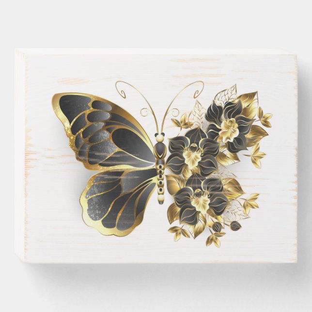 Gold Flower Butterfly with Black Orchid Wooden Box Sign (Front Horizontal)