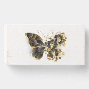 Gold Flower Butterfly with Black Orchid Wooden Box Sign