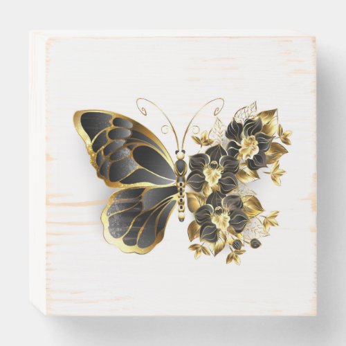 Gold Flower Butterfly with Black Orchid Wooden Box Sign