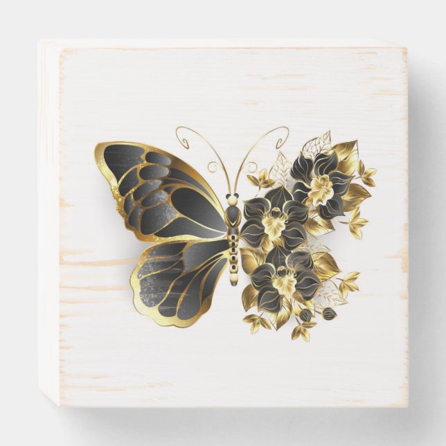 Gold Flower Butterfly with Black Orchid Wooden Box Sign (Front Horizontal)