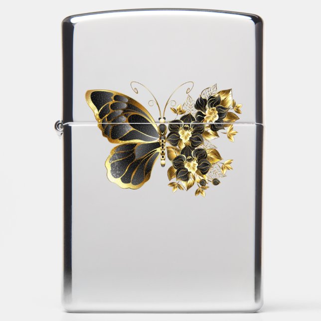 Gold Flower Butterfly with Black Orchid Zippo Lighter (Front)