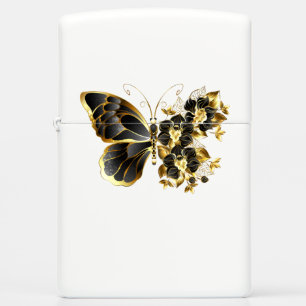 Gold Flower Butterfly with Black Orchid Zippo Lighter