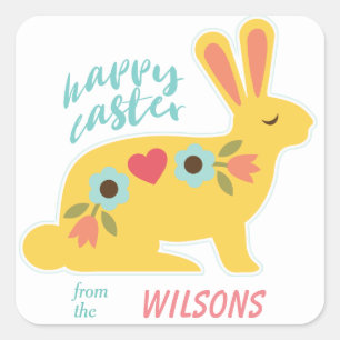 Gold Flower Easter Rabbit Square Sticker