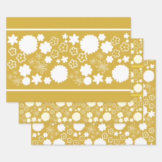 Gold Flower Floral Pattern Wrapping Paper Sheets (Set)