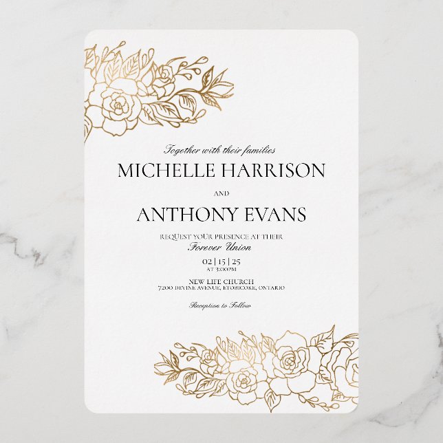Gold Flower Foil Wedding Invitation (Front)