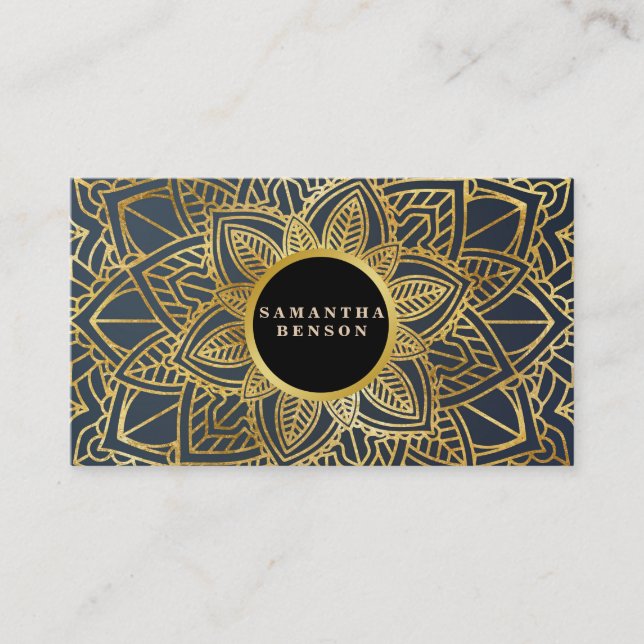Gold  Flower Mandala Pattern Yoga Instructor Business Card (Front)