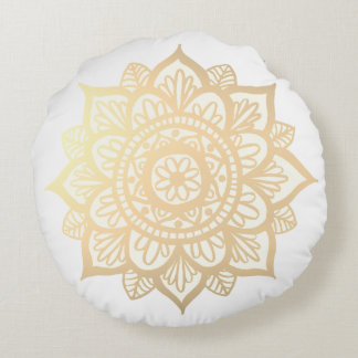 Gold Flower Mandala Round Pillow