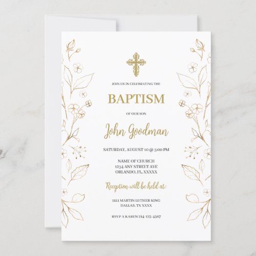 Gold flower Minimalist Baptism Spanish Invitation