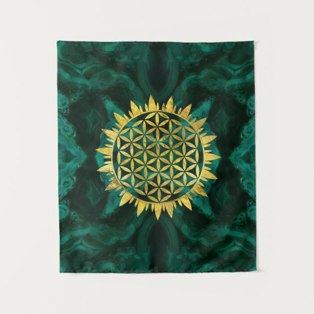 Gold Flower of life on malachite Tapestry (Front)