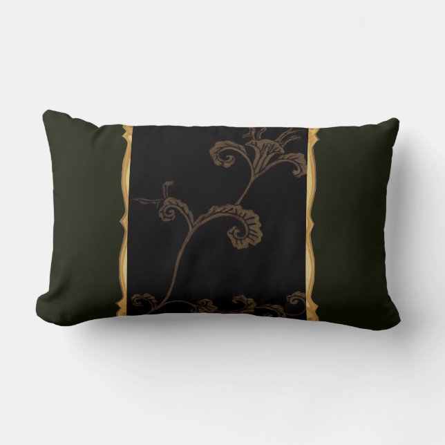 Gold Flower On Black Lumbar Pillow (Front)