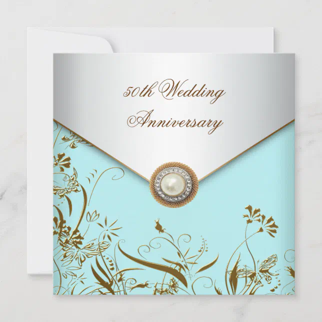 Gold Flower Pearl Teal 50th Wedding Anniversary Invitation | Zazzle