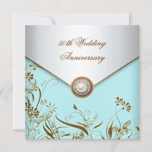 Gold Flower Pearl Teal 50th Wedding Anniversary Announcements