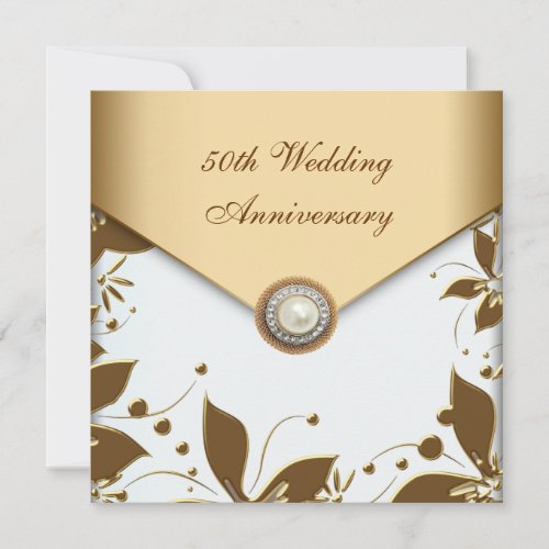 Gold Flower Pearl White 50th Wedding Anniversary Custom Announcement
