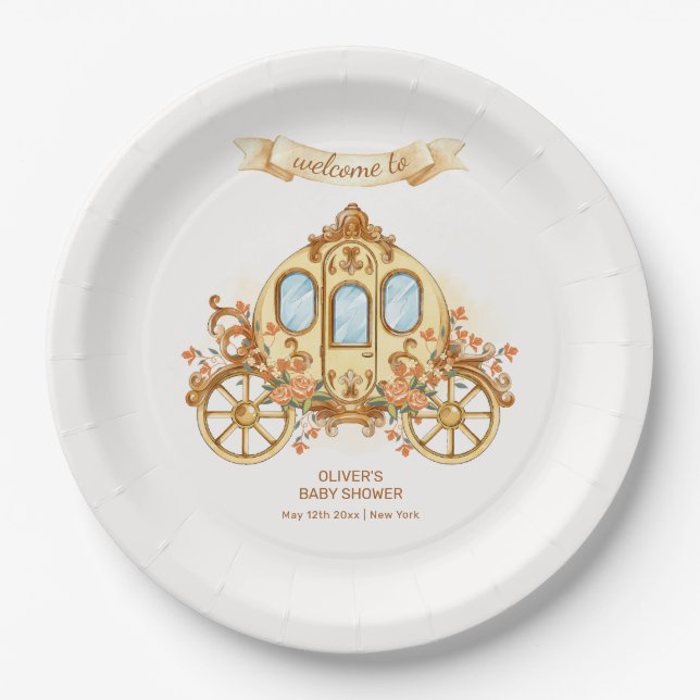 Gold Flower Prince Carriage Baby Shower Welcome Paper Plates (Front)