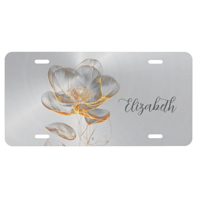 Gold Flower Silver Add Name  License Plate (Front)